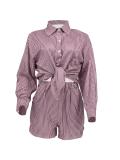 Women Spring Summer Holidays Long Sleeve Shirt Striped Shorts Two Piece Set