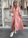 Women V-neck Short Sleeve Denim Button Dress