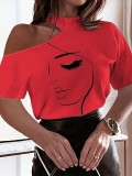 Women Printed Short Sleeve High Neck T-Shirt Off Shoulder Sexy Top