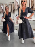 Women V-neck Short Sleeve Denim Button Dress