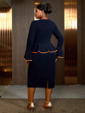 Women African U-neck Bell Bottom Sleeve Contrast Color Bodycon Dress