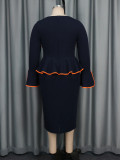 Women African U-neck Bell Bottom Sleeve Contrast Color Bodycon Dress