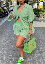 Women Spring Summer Holidays Long Sleeve Shirt Striped Shorts Two Piece Set