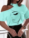 Women Printed Short Sleeve High Neck T-Shirt Off Shoulder Sexy Top