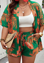 Spring Summer Women's Fashion Print Casual Holidays Cardigan Shorts Set