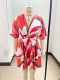 Autumn V-Neck Loose Bat Sleeves Print Dress Women's Clothing