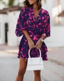 Autumn V-Neck Loose Bat Sleeves Print Dress Women's Clothing