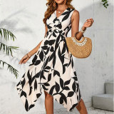 Spring And Summer Women Sleeveless Leaf Print Knot Irregular Midi Dress