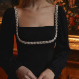 Women Chic Elegant Diamond Square Neck Long Sleeve Slim Waist Slit Bodycon Dress