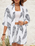 Spring Summer Women's Fashion Print Casual Holidays Cardigan Shorts Set