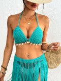 Women's Shell Patchwork Lace-Up Bikini Top Beach Tassel Cover-Up