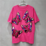 Beaded Sequin Butterfly Pink T-Shirt's Summer Loose Casual Tops