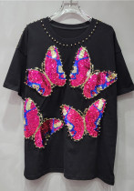 Beaded Sequin Butterfly Pink T-Shirt's Summer Loose Casual Tops Beaded Sequin Butterfly Pink T-Shirt's Summer Loose Casual Tops