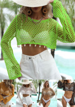 Women's Summer Shell Patchwork Hollow Knitting Shirt Long-Sleeved Beach Cover-Up Women's Summer Shell Patchwork Hollow Knitting Shirt Long-Sleeved Beach Cover-Up