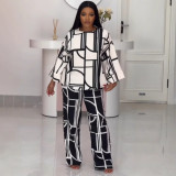 Printed Round Neck Long Sleeve Loose Top Straight Trousers Two-Piece Set