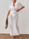 Women's Sexy Knitted Hollow Trundown Collar V-Neck Button Top Skirt Beach Cover-Up Two-Piece Set