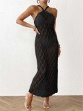 Women's Sexy Low Back Hollow Leaf Jacquard Strap Beach Dress