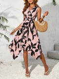 Spring And Summer Women Sleeveless Leaf Print Knot Irregular Midi Dress