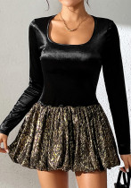 Women U-Neck Velvet Patchwork Shiny Texture High Waist Bubble Dress