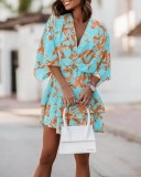 Autumn V-Neck Loose Bat Sleeves Print Dress Women's Clothing