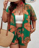 Spring Summer Women's Fashion Print Casual Holidays Cardigan Shorts Set