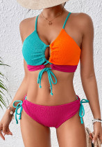 Color Matching Lace-Up Hollow Two Pieces Women's Swimsuit