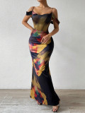 Summer Strap Off Shoulder Holidays Printed Slim Long Dress