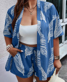 Spring Summer Women's Fashion Print Casual Holidays Cardigan Shorts Set
