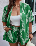 Spring Summer Women's Fashion Print Casual Holidays Cardigan Shorts Set