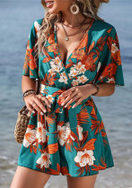 Beach Holidays Ruffle Sleeve Wrap V-Neck Belt Short Women Loose Print Jumpsuit