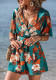 Beach Holidays Ruffle Sleeve Wrap V-Neck Belt Short Women Loose Print Jumpsuit