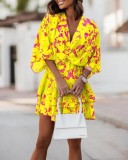 Autumn V-Neck Loose Bat Sleeves Print Dress Women's Clothing