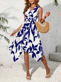 Spring And Summer Women Sleeveless Leaf Print Knot Irregular Midi Dress