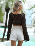 Women's Summer Shell Patchwork Hollow Knitting Shirt Long-Sleeved Beach Cover-Up