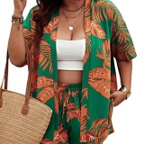 Spring Summer Women's Fashion Print Casual Holidays Cardigan Shorts Set