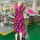 Spring And Summer Women Sleeveless Leaf Print Knot Irregular Midi Dress
