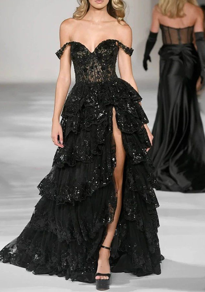 Off-Shoulder Slit Evening Dress for Formal Parties