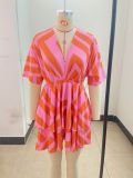 Autumn V-Neck Loose Bat Sleeves Print Dress Women's Clothing