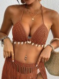 Women's Shell Patchwork Lace-Up Bikini Top Beach Tassel Cover-Up