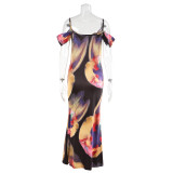 Summer Strap Off Shoulder Holidays Printed Slim Long Dress