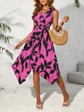 Spring And Summer Women Sleeveless Leaf Print Knot Irregular Midi Dress