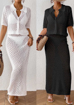 Women's Sexy Knitted Hollow Trundown Collar V-Neck Button Top Skirt Beach Cover-Up Two-Piece Set Women's Sexy Knitted Hollow Trundown Collar V-Neck Button Top Skirt Beach Cover-Up Two-Piece Set