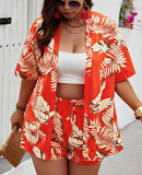 Spring Summer Women's Fashion Print Casual Holidays Cardigan Shorts Set