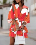 Autumn V-Neck Loose Bat Sleeves Print Dress Women's Clothing