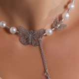 Fringed Hollow Butterfly Pearl Necklace Women's Fashion Chic Chain Accessories