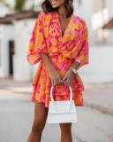 Autumn V-Neck Loose Bat Sleeves Print Dress Women's Clothing
