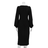 Women Chic Elegant Diamond Square Neck Long Sleeve Slim Waist Slit Bodycon Dress