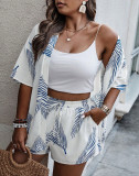 Spring Summer Women's Fashion Print Casual Holidays Cardigan Shorts Set