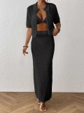 Women's Sexy Knitted Hollow Trundown Collar V-Neck Button Top Skirt Beach Cover-Up Two-Piece Set