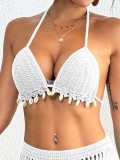 Women's Shell Patchwork Lace-Up Bikini Top Beach Tassel Cover-Up